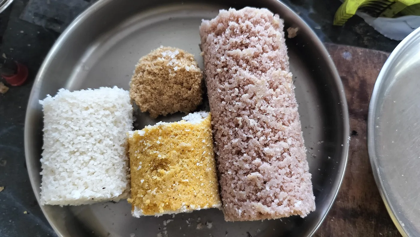 Puttu made with rice, wheat, ragi, and chemba rice flours.